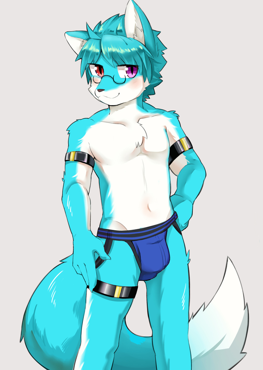 blue_fur blue_hair blush bulge canine clothing dog eyewear fur glasses hair jockstrap joeyz male mammal navel purple_eyes red_eyes simple_background solo standing teenager underwear white_fur young