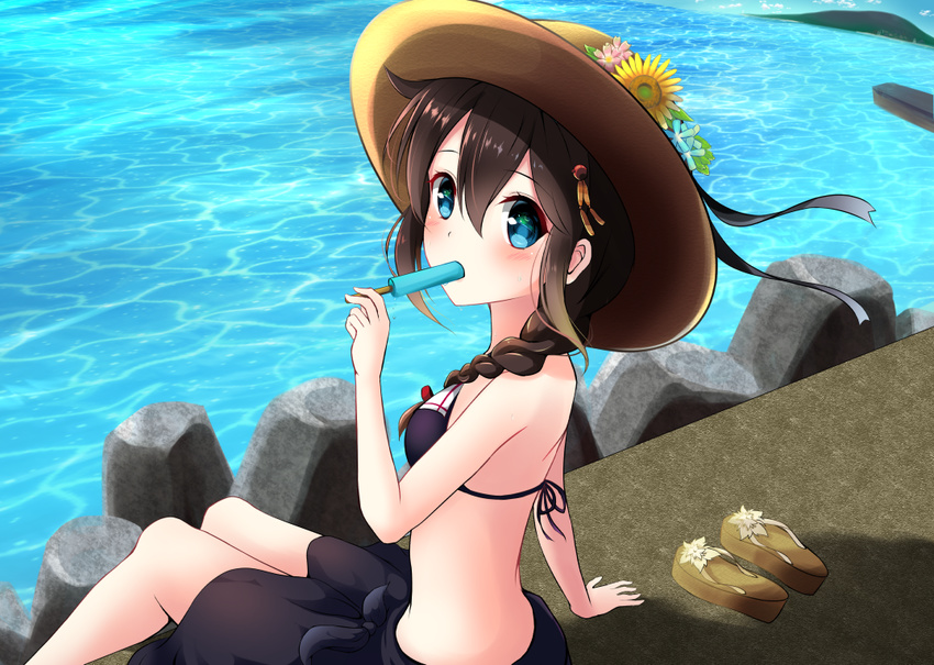 adapted_costume amagami_(makise_tsubaki) bikini black_bikini black_skirt blue_eyes blue_flower blush braid brown_hair commentary_request eating flower food hair_between_eyes hair_flaps hat holding kantai_collection long_hair md5_mismatch ocean pink_flower popsicle remodel_(kantai_collection) revision sailor_bikini sailor_collar shigure_(kantai_collection) single_braid sitting skirt solo swimsuit yellow_flower