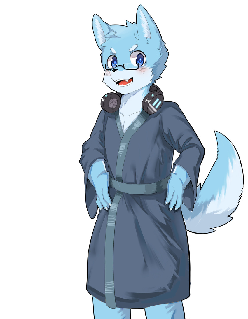 bathrobe blue_eyes blue_fur blush canine clothing dog fur hands_on_hips headphones joeyz male mammal robe solo standing teenager young