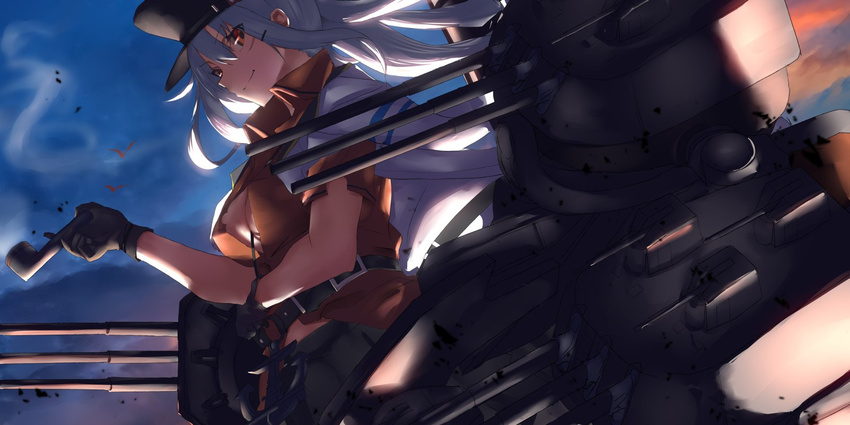 belt black_gloves breasts cleavage cropped_legs dutch_angle facial_scar gangut_(kantai_collection) gloves grey_hair hat highres holding holding_pipe jacket kantai_collection large_breasts long_hair machinery military military_uniform peaked_cap pipe red_eyes red_shirt remodel_(kantai_collection) rigging scar scar_on_cheek shirt smile solo tsuuhan turret uniform