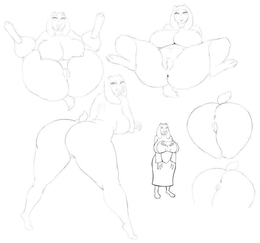 2017 anthro anus big_breasts big_butt blush boss_monster breasts butt caprine clothing delta_rune female goat horn huge_breasts ink ipan looking_at_viewer looking_back mammal mature_female model_sheet monochrome nipples nude open_mouth presenting presenting_anus presenting_hindquarters presenting_pussy pussy raised_tail robe sketch slightly_chubby smile solo spread_legs spreading toriel undertale video_games