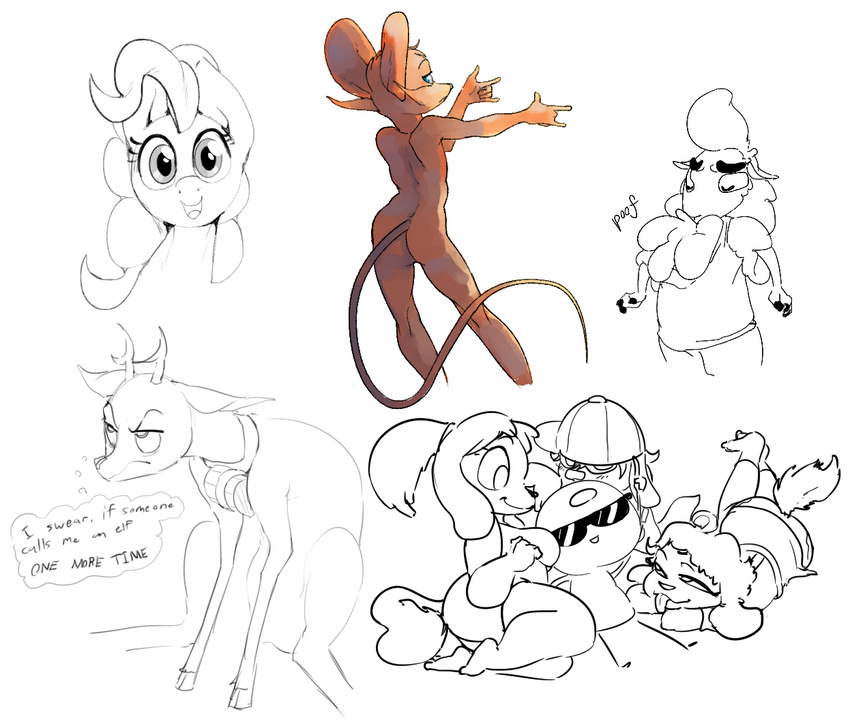 2017 anthro antlers barrel breasts butt caprine cervine cheek_tuft chest_tuft chiko_(dotkwa) clothed clothing collar deer devil_horns dialogue disney dotkwa english_text equine eyewear female feral friendship_is_magic gesture group hat hooves horn horse looking_at_viewer male mammal mouse my_little_pony nude pack_street partially_colored pinkie_pie_(mlp) pony remmy_cormo rodent sheep simple_background sitting sketch sketch_page sound_effects standing sunglasses sunglow_(liquidevo) text thought_bubble tongue tongue_out tuft white_background wool zootopia