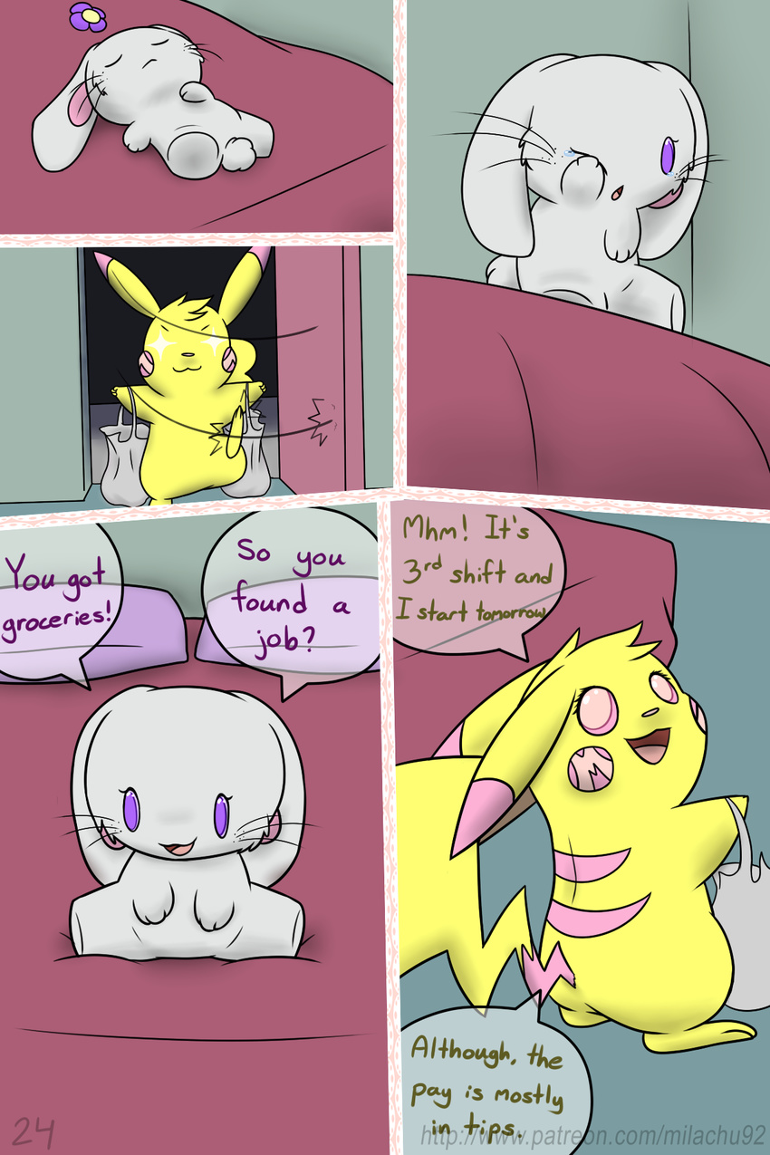 bed comic dialogue fan_character female groceries lagomorph lantha mammal milachu milachu92 nintendo pikachu pok&eacute;mon rabbit rodent sleeping video_games