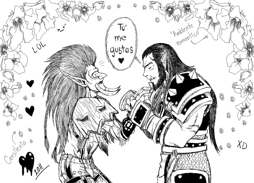&gt;_&lt; &lt;3 2011 3_fingers armor beard better_version_at_source blush braided_hair clothed clothing dialogue duo eyes_closed facial_hair feathers flower hair hand_holding hi_res humanoid long_hair male male/male monochrome not_furry orc plant romantic romantic_couple spanish_text sparkle spikes surprise text thrall tornking troll tusks video_games vol'jin warcraft xd