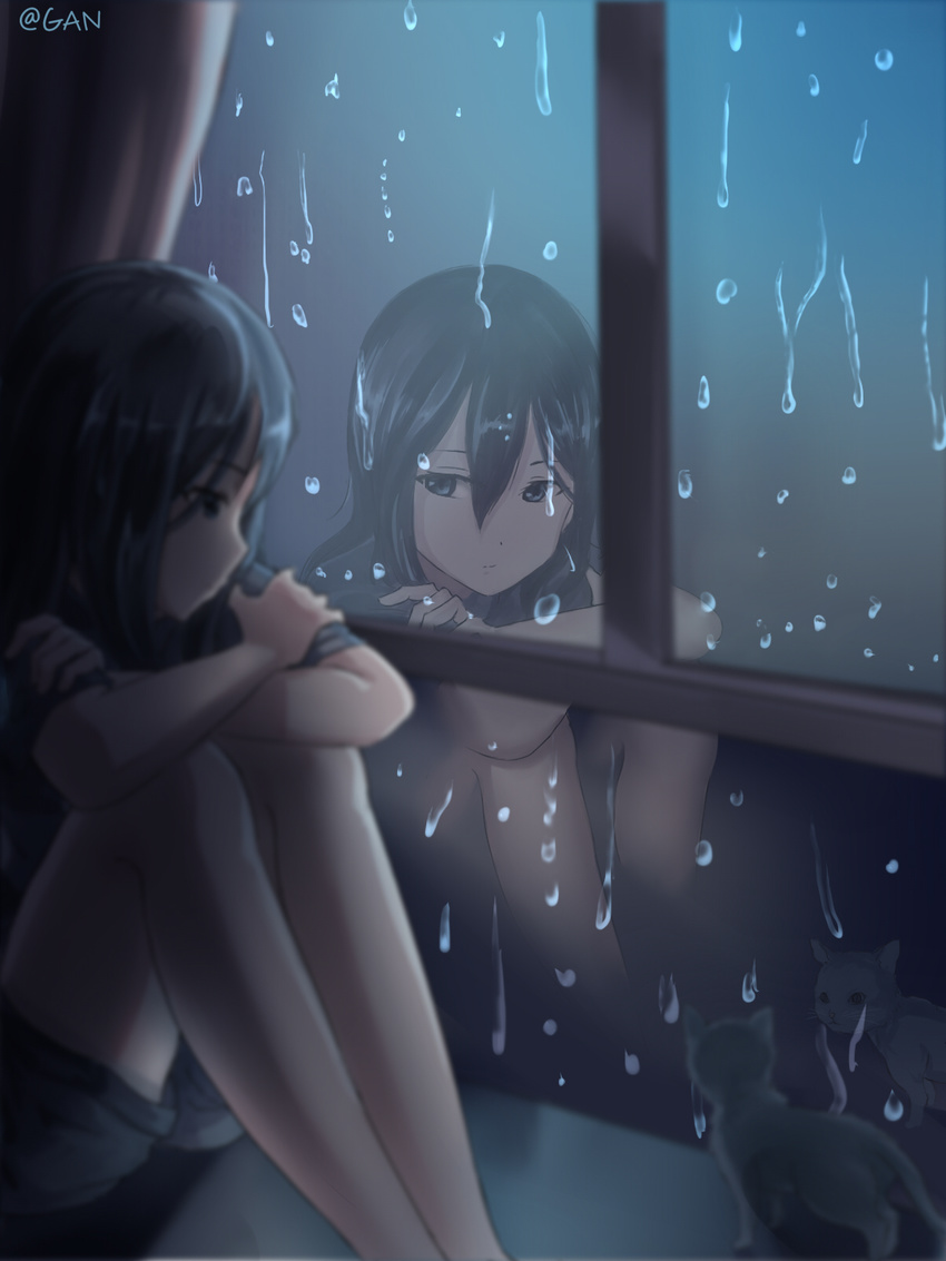 arm_rest black_hair blue_eyes blurry cat closed_mouth crossed_arms depth_of_field expressionless from_side gan-viking hair_between_eyes highres indoors knees_to_chest knees_up leg_hug legs_together looking_out_window looking_to_the_side night original pensive rain reflection revision short_sleeves shorts sitting solo window
