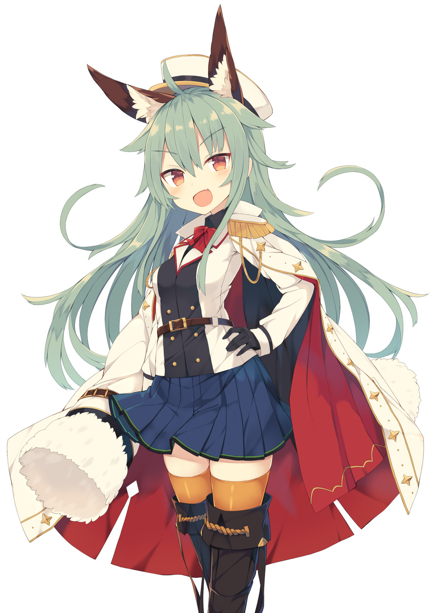 :d ahoge animal_ears belt belt_buckle black_gloves boots bow bowtie brown_eyes buckle coat commentary_request epaulettes eyebrows_visible_through_hair fang fur_trim gloves green_hair hair_flaps hand_on_hip hat highres jacket jacket_on_shoulders long_hair long_sleeves looking_at_viewer military military_uniform nibiiro_shizuka open_mouth original peaked_cap pleated_skirt red_bow red_neckwear revision simple_background skirt smile solo standing thigh_boots thighhighs uniform v-shaped_eyebrows white_background zettai_ryouiki