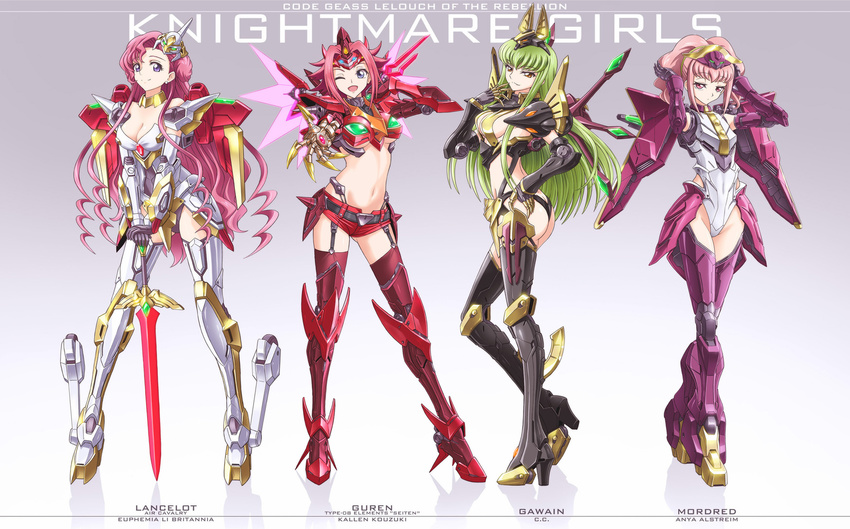 anya_alstreim armor bikini_armor breasts c.c. character_name claw_(weapon) cleavage code_geass copyright_name earrings energy_wings english euphemia_li_britannia gawain green_hair grey_eyes guren_seiten high_heels highres jewelry kallen_stadtfeld knife lancelot_(code_geass) long_hair md5_mismatch mecha_musume medium_breasts midriff mordred_(code_geass) multiple_girls navel outsider_0 pink_eyes pink_hair purple_eyes red_hair reverse_grip revision short_hair sword twintails underboob very_long_hair weapon yellow_eyes