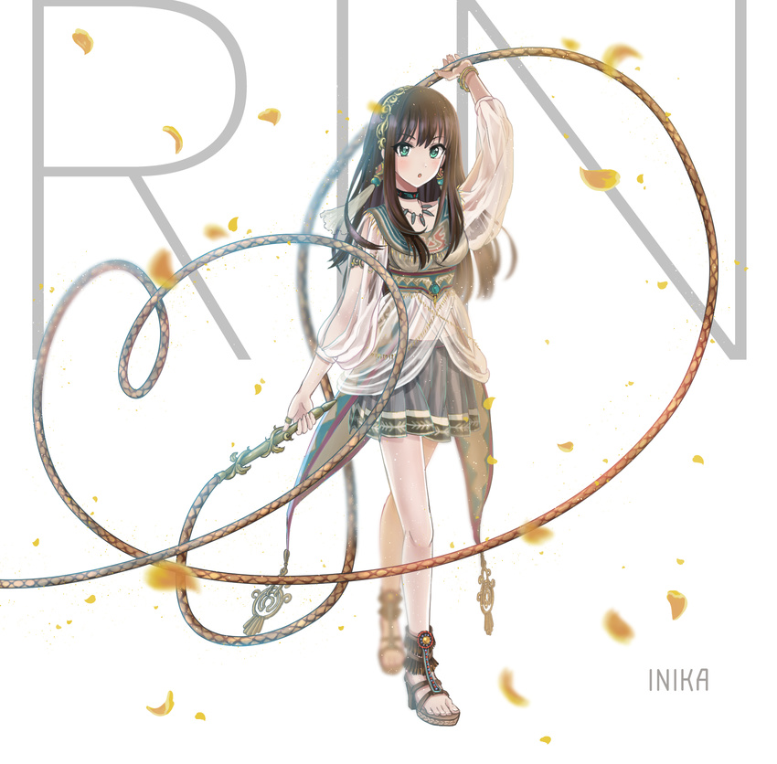 artist_name blush breasts brown_hair character_name collarbone commentary_request eyebrows_visible_through_hair full_body green_eyes highres idolmaster idolmaster_cinderella_girls inika jewelry large_breasts long_hair looking_at_viewer necklace parted_lips sandals shibuya_rin solo weapon whip