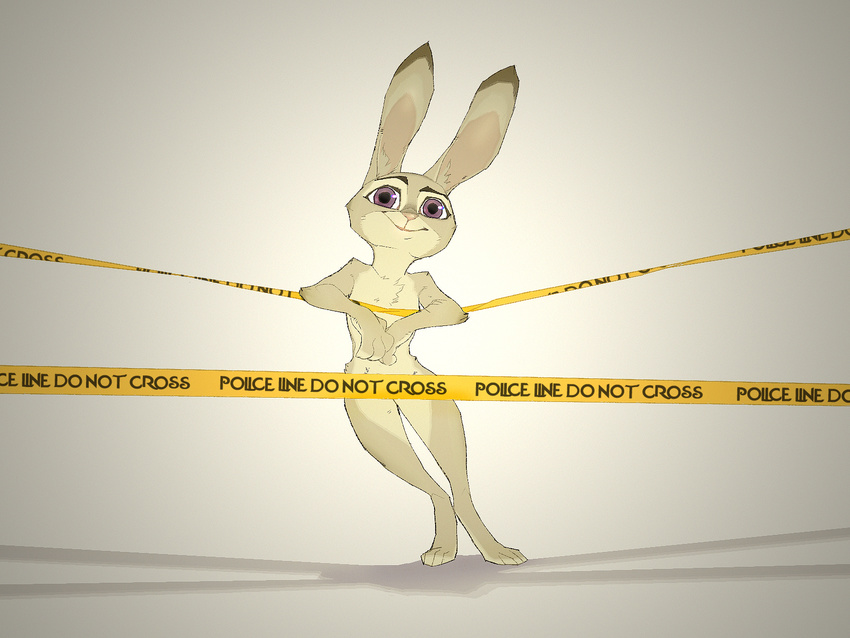 anthro breasts convenient_censorship disney english_text female flat_chested fur grey_fur judy_hopps junyois lagomorph mammal nude police_tape purple_eyes rabbit smile solo standing text zootopia