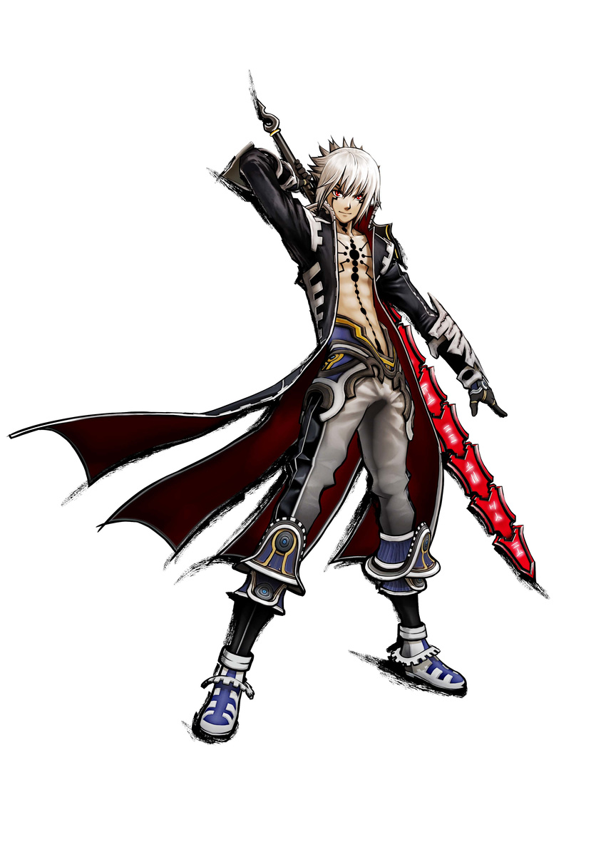 .hack//g.u. .hack//g.u._last_recode 1boy absurdres alternate_costume full_body haseo_(.hack//) highres jacket looking_at_viewer male_focus navel official_art shirtless silver_hair simple_background solo spiked_hair stomach sword tattoo weapon weapon_on_back