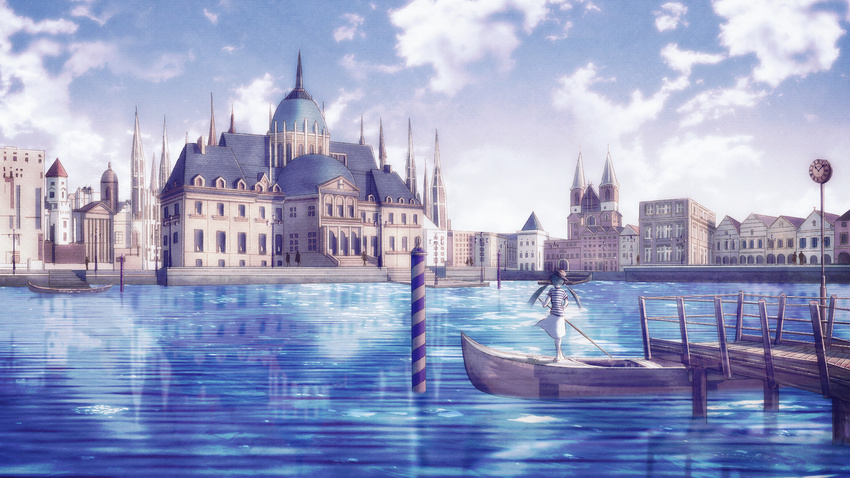 brown_hair building canal city clock day from_behind full_body gondola hat highres oar original outdoors pier pole revision roman_numerals shirt short_hair skirt solo_focus standing striped striped_shirt syiori twintails water white_skirt