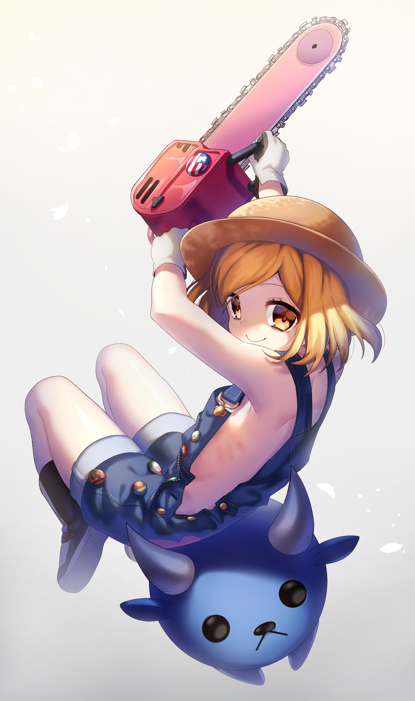 absurdres babe_(fate) bad_id bad_pixiv_id black_footwear blonde_hair boots breasts bull chainsaw closed_mouth commentary_request fate/grand_order fate_(series) from_side full_body hat highres holding holding_weapon ichiren_namiro looking_at_viewer looking_back naked_overalls no_bra overalls paul_bunyan_(fate/grand_order) short_hair small_breasts smile solo thighs weapon yellow_eyes