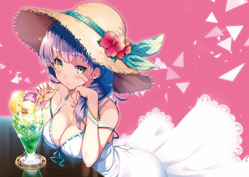 bangle blush bracelet breast_rest breasts chin_rest cleavage crazy_straw cut_(bu-kunn) dress drink drinking_straw eyebrows_visible_through_hair flower food green_eyes hair_over_shoulder hat hat_flower hat_ribbon ice_cream ice_cream_float jewelry large_breasts long_hair looking_at_viewer melon_soda original pink_background purple_hair ribbon ribbon-trimmed_dress simple_background solo strap_slip straw_hat sun_hat sundress white_dress