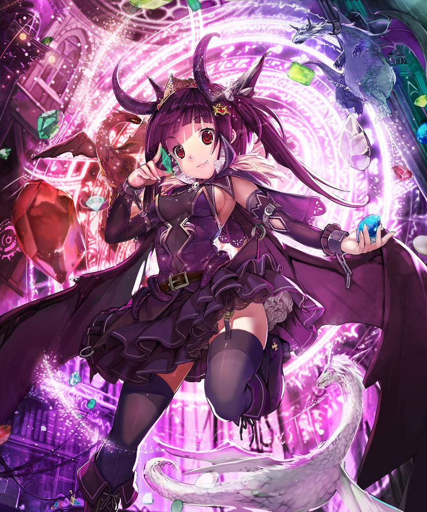 belt breasts commentary_request cuffs detached_sleeves dragon eyebrows_visible_through_hair fang garter_straps gem hair_ornament highres holding horns indoors layered_skirt looking_at_viewer magic_circle original purple_hair purple_skirt purple_wings red_eyes sideboob skirt small_breasts solo spirtie thighhighs wings