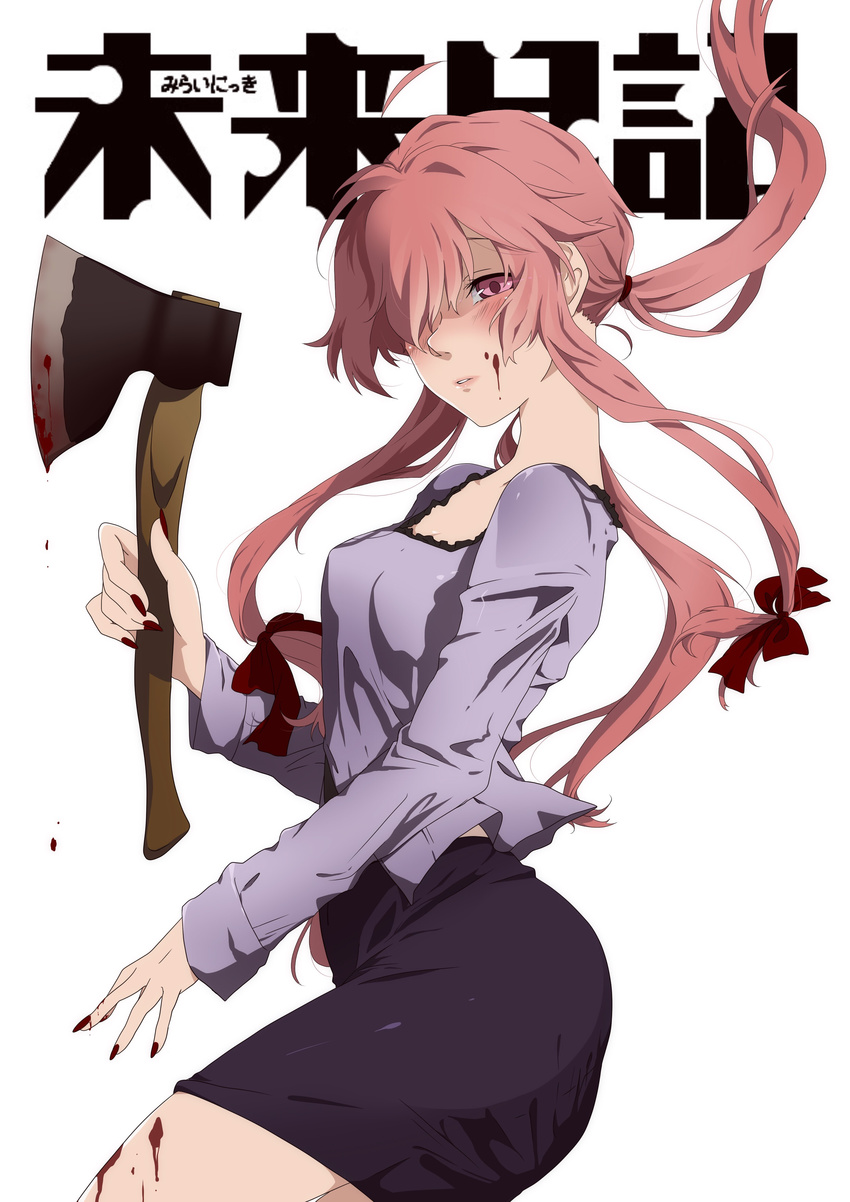 absurdres asuka_(meruhen67) axe black_skirt blood blood_on_face blood_on_fingers breasts cleavage copyright_name floating_hair gasai_yuno grey_shirt hair_over_one_eye hair_ribbon highres holding holding_axe long_hair medium_breasts miniskirt mirai_nikki nail_polish parted_lips pink_eyes pink_hair ponytail red_nails red_ribbon ribbon shirt sidelocks simple_background skirt solo white_background