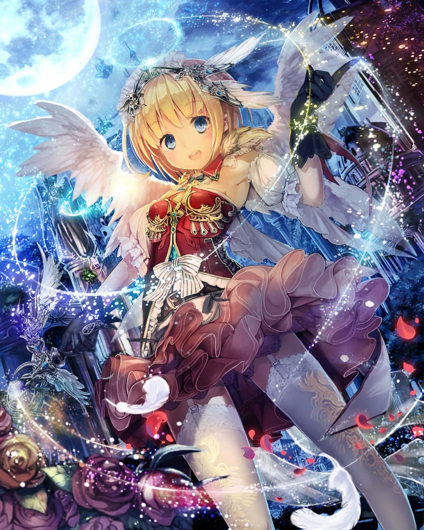 absurdres angel angel_wings armpits black_gloves blonde_hair blue_eyes breasts commentary_request detached_sleeves eyebrows_visible_through_hair flower garter_straps gloves hair_between_eyes halo headgear highres lace lace-trimmed_thighhighs layered_skirt looking_at_viewer moon night original outdoors pink_skirt rose skirt small_breasts solo sparkle spirtie thighhighs wand white_legwear white_wings wings