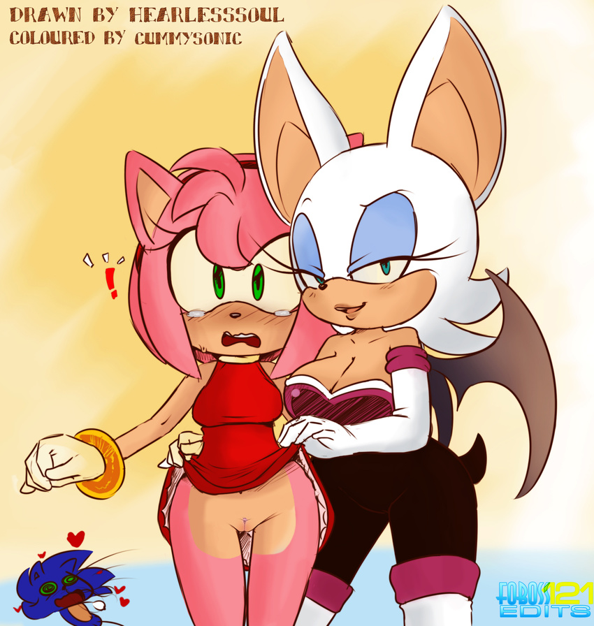 ! &lt;3 amy_rose anthro bat blood blue_fur bracelet breasts cleavage clothed clothing clothing_lift cummysonic dress dress_lift edit eyeshadow female fur green_eyes hair half-closed_eyes hearlesssoul hedgehog hi_res jewelry makeup mammal membranous_wings navel nosebleed nude_edit open_mouth pink_body pink_fur pink_hair pussy rouge_the_bat skirt skirt_lift sonic_(series) sonic_the_hedgehog tears white_fur wings