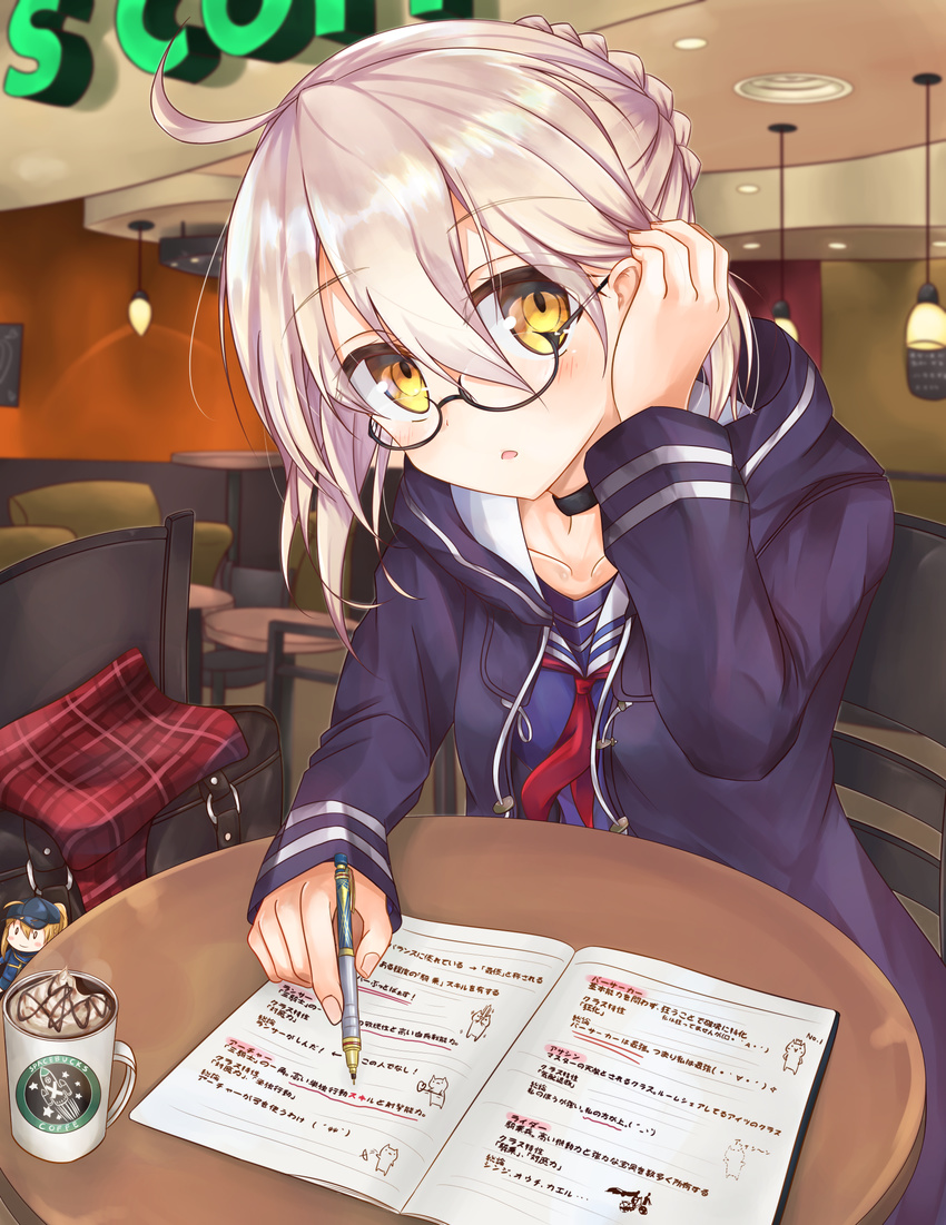 adjusting_hair ahoge artoria_pendragon_(all) blonde_hair blush braid choker coffee_mug cup fate/grand_order fate_(series) french_braid glasses highres hiragana hood hoodie looking_at_viewer mechanical_pencil moai21 mug mysterious_heroine_x_(alter) notebook open_mouth paper pencil plaid school_uniform semi-rimless_eyewear serafuku solo table under-rim_eyewear yellow_eyes