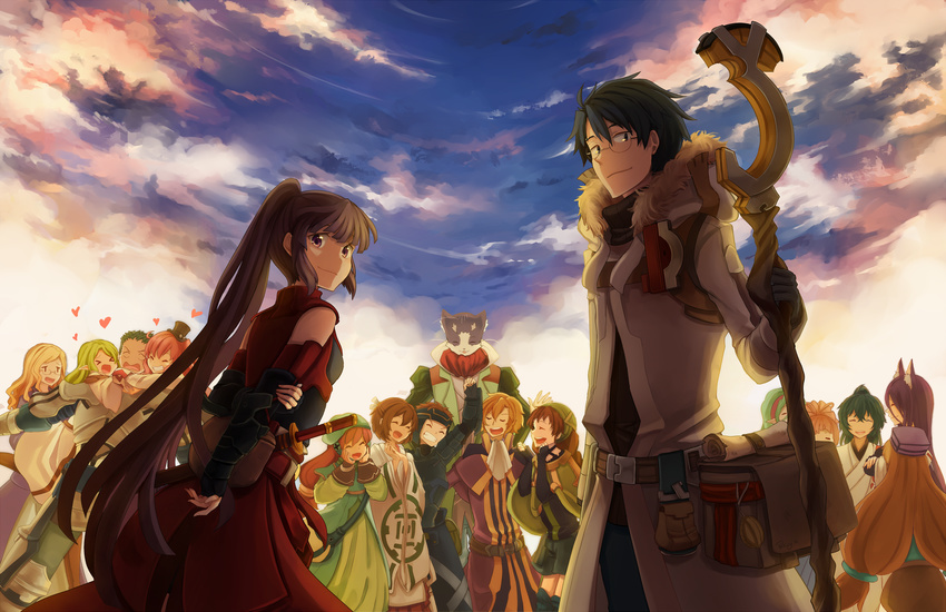 6+girls :d akatsuki_(log_horizon) animal_ears arm_up armor arms_behind_back black_gloves black_hair black_hat black_scarf black_shirt brown_hair character_request closed_eyes cloud cloudy_sky day elbow_gloves fingerless_gloves fox_ears glasses gloves green_hair green_shorts grin hair_between_eyes hairband hat heart helmet henrietta_(log_horizon) highres holding holding_staff houraisan_kaguya isuzu_(log_horizon) japanese_clothes kimono leaning_forward log_horizon long_hair looking_back lunderhaus_cord marielle_(log_horizon) miko mini_hat minori_(log_horizon) multiple_boys multiple_girls naotsugu_(log_horizon) nazuna_(log_horizon) neckerchief nyanta_(log_horizon) open_mouth outdoors pink_hair pokey purple_hat red_hairband scarf serara sheath sheathed shiroe shirt short_shorts shorts sky smile soujirou_seta staff standing sword tetra_(log_horizon) touya_(log_horizon) twintails very_long_hair weapon white_cloak white_kimono white_neckwear