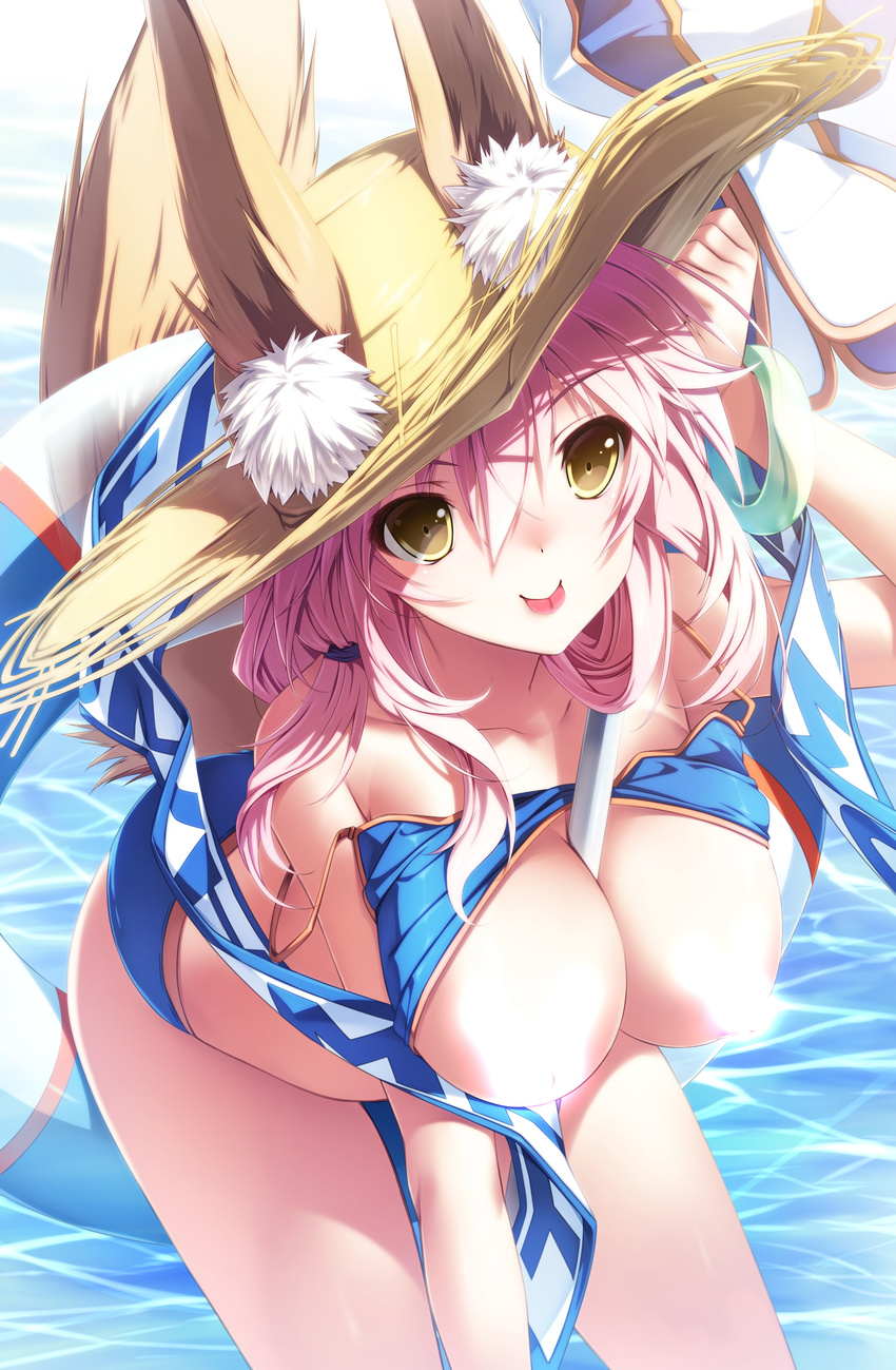 :p absurdres animal_ears bikini blue_bikini breasts censored cleavage commentary_request ears_through_headwear fate/extra fate_(series) fox_ears fox_tail hat highres innertube large_breasts nipple_censor pink_hair senomoto_hisashi solo straw_hat sun_hat swimsuit tail tamamo_(fate)_(all) tamamo_no_mae_(fate) tamamo_no_mae_(swimsuit_lancer)_(fate) tongue tongue_out yellow_eyes