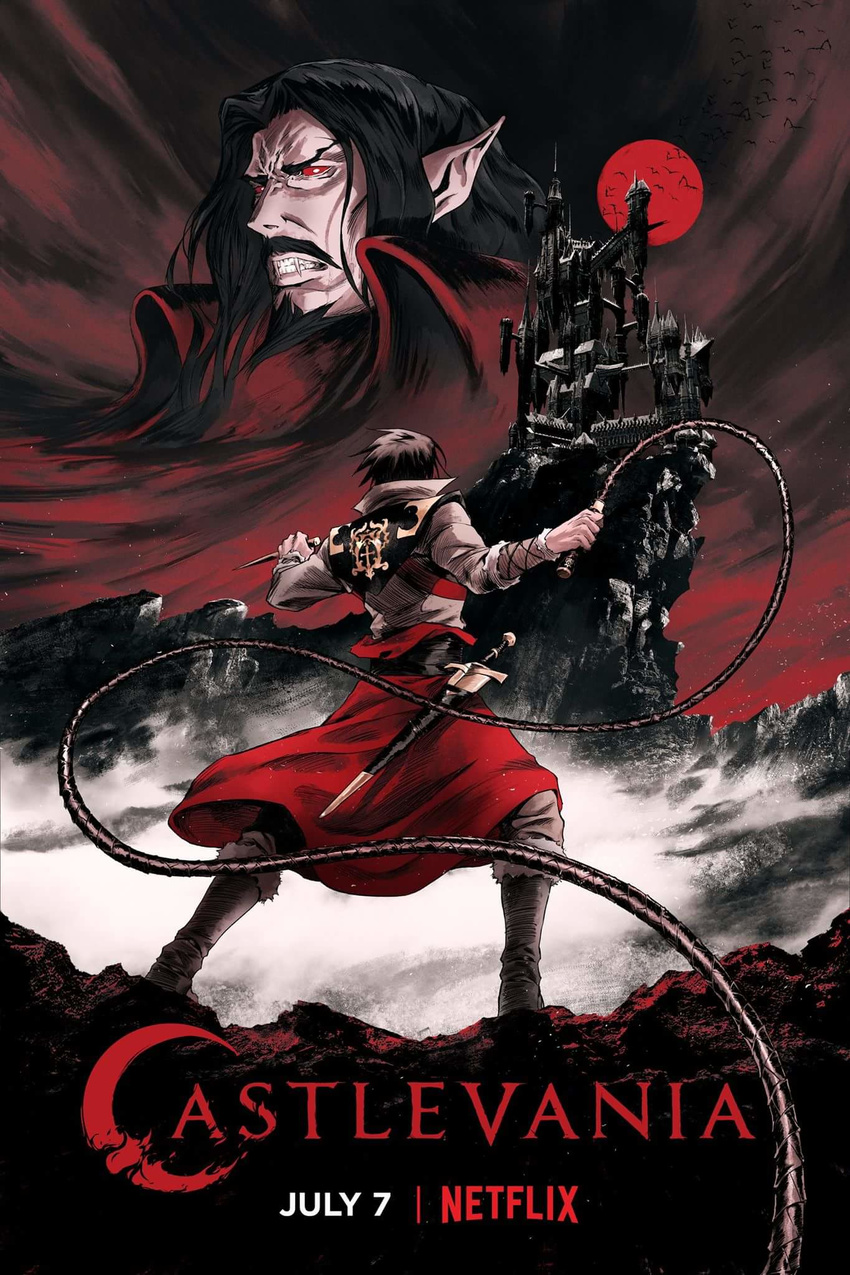 bat black_hair castle castlevania castlevania_(netflix) cliff copyright_name dated dracula fangs from_behind highres moon multiple_boys netflix night official_art pointy_ears ralph_c_belmondo red_eyes red_moon samuel_deats scabbard sheath stake sword vampire weapon whip
