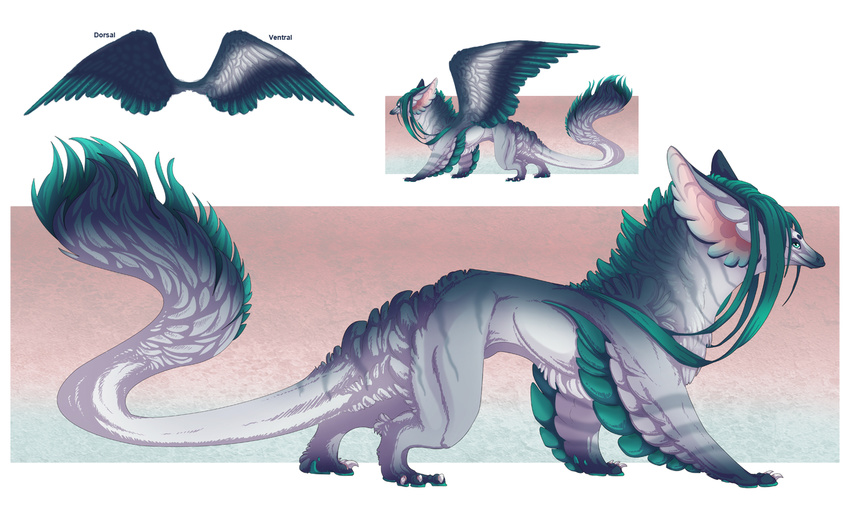 daru detailed_background dragon feathered_wings feathers foxiful green_hair hair model_sheet simple_background wings wyvern