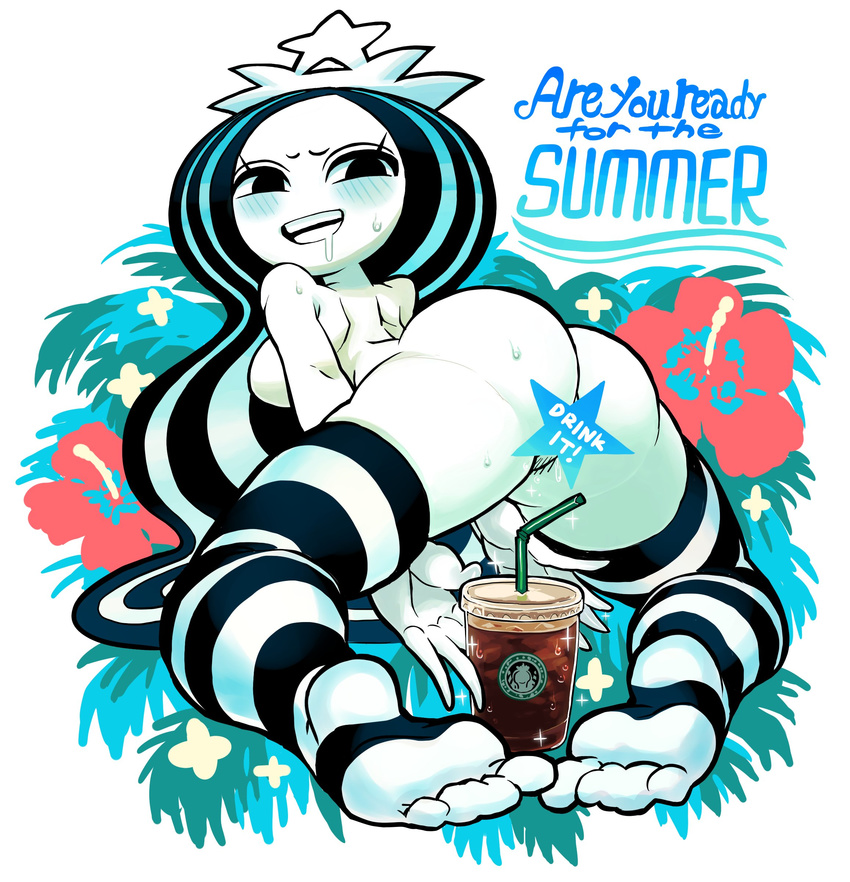 absurdres ass back bendy_straw black_hair blush breasts censored crown drinking_straw drooling feet flower gashi-gashi hibiscus highres iced_coffee kneeling looking_back medium_breasts multicolored_hair nude open_mouth plant pubic_hair soles sparkle star_censor starbucks starbucks_siren stb-chan striped striped_legwear sweat teeth wavy_hair white_hair