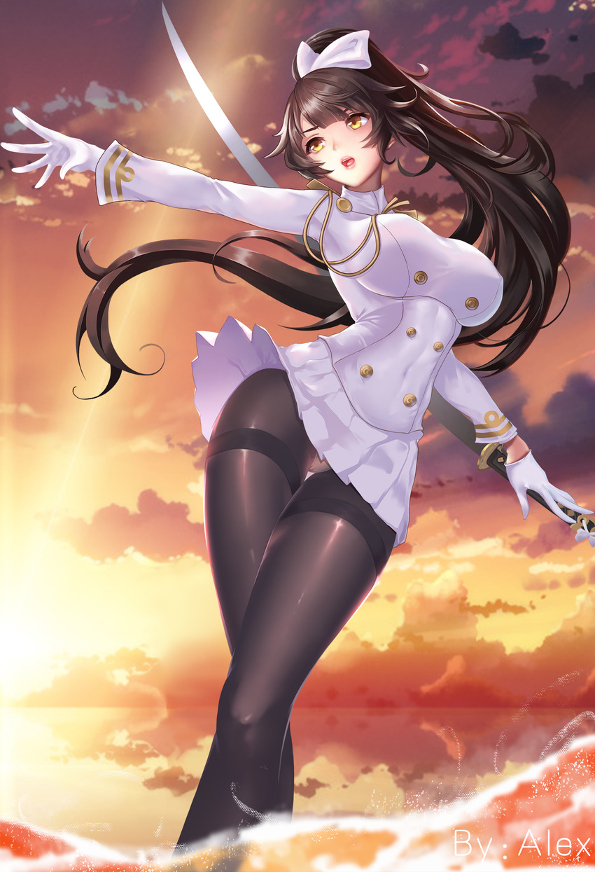 absurdres azur_lane black_hair black_legwear breasts brown_hair cloud cloudy_sky covered_navel crossed_legs foreshortening from_below gloves hair_ribbon high_ponytail highres katana large_breasts lips long_hair long_sleeves military military_uniform miniskirt open_mouth outdoors outstretched_arm panties panties_under_pantyhose pantyhose pantyshot ponytail ribbon skirt sky solo standing sunset sword takao_(azur_lane) tassel thighband_pantyhose underwear uniform very_long_hair wading weapon white_gloves xi_ti yellow_eyes