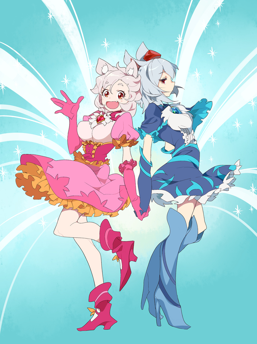 58.2kg animal_ears blue_gloves blush breasts closed_mouth cookie_(touhou) dog_ears elbow_gloves eyebrows_visible_through_hair gloves grey_hair hat high_heels highres holding_hand inu_(cookie) inubashiri_momiji large_breasts looking_at_viewer multiple_girls open_mouth pink_gloves red_eyes red_hat short_hair smile tokin_hat touhou web_(cookie) white_hair