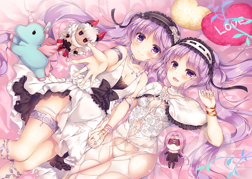 asterios_(fate/grand_order) bangs bare_shoulders bed bed_sheet black_ribbon blush breasts character_doll commentary_request dot_nose euryale eyebrows_visible_through_hair fate/grand_order fate/hollow_ataraxia fate_(series) feet_out_of_frame frills hairband heart heart_pillow interlocked_fingers jewelry legband lolita_hairband long_hair looking_at_viewer lying medium_breasts multiple_girls on_back on_bed open_mouth outstretched_arm pillow purple_eyes purple_hair ribbon rider ring smile stheno stuffed_toy suzune_rena take_your_pick twintails wristband