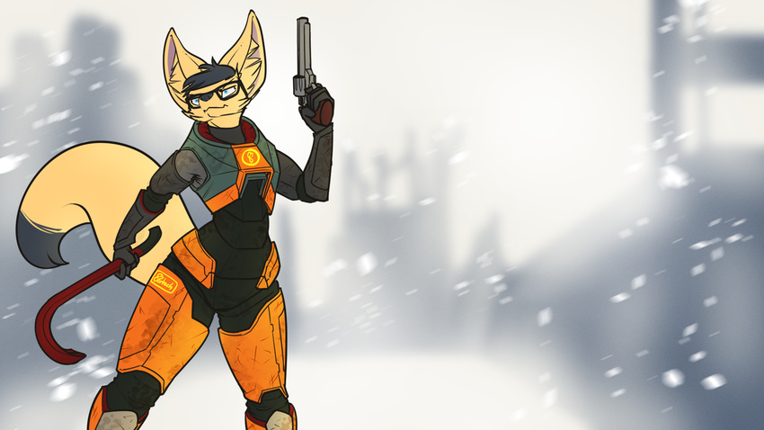 angry armor black_hair blue_eyes canine crowbar eyewear female fenavi_montaro fennec feretta fox fur glasses gordon_freeman gun hair half-life handgun mammal ranged_weapon revolver snow tale_of_tails video_games weapon yellow_fur