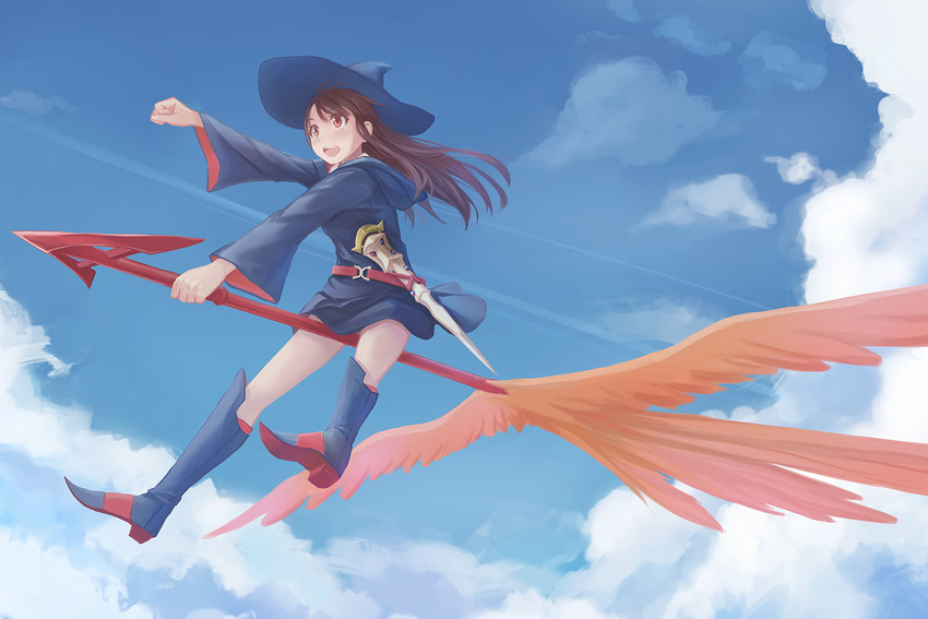 :d arrow belt blue_footwear blue_hat blue_robe blue_sky blush boots brown_eyes brown_hair clenched_hand cloud commentary day full_body hat kagari_atsuko knee_boots little_witch_academia long_hair looking_afar looking_away open_mouth outstretched_arm red_belt redpoke riding robe sitting sky smile solo wand wide_sleeves witch witch_hat