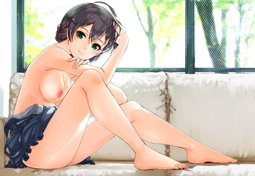 ahoge bad_revision barefoot black_dress black_hair blush braid breasts commentary_request couch day dress feet green_eyes gustav_(telomere_na) idolmaster idolmaster_million_live! idolmaster_million_live!_theater_days indoors legs looking_at_viewer md5_mismatch medium_breasts nipples no_bra off_shoulder sakuramori_kaori short_hair sitting smile solo tied_hair topless window