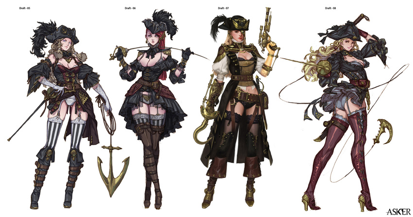 anchor asker_online ass belt black_gloves black_skirt blue_eyes boots braid breasts brown_footwear brown_hair cleavage concept_art copyright_name earrings garter_straps gloves grappling_hook hat hat_feather high_heel_boots high_heels highres hook_hand jewelry knee_boots knife leg_belt long_hair looking_at_viewer medium_breasts multiple_girls navel one_eye_covered pointing_sword pouch purple_legwear rapier red_hair sheath sidelocks skirt standing steampunk striped striped_legwear sword thigh_strap thighhighs tricorne twisted_torso underwear weapon white_gloves woo_kim