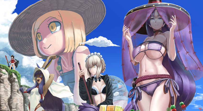 abazu-red artoria_pendragon_(all) artoria_pendragon_(swimsuit_rider_alter) black_hair blonde_hair blush breasts cleavage closed_mouth eyebrows_visible_through_hair eyepatch_bikini fate/grand_order fate_(series) hat large_breasts long_hair looking_away maid_bikini maid_headdress midriff minamoto_no_raikou_(fate/grand_order) minamoto_no_raikou_(swimsuit_lancer)_(fate) multiple_girls navel nitocris_(fate/grand_order) nitocris_(swimsuit_assassin)_(fate) oda_nobunaga_(fate) oda_nobunaga_(swimsuit_berserker)_(fate) paul_bunyan_(fate/grand_order) purple_eyes purple_hair saber_alter short_hair smile yellow_eyes
