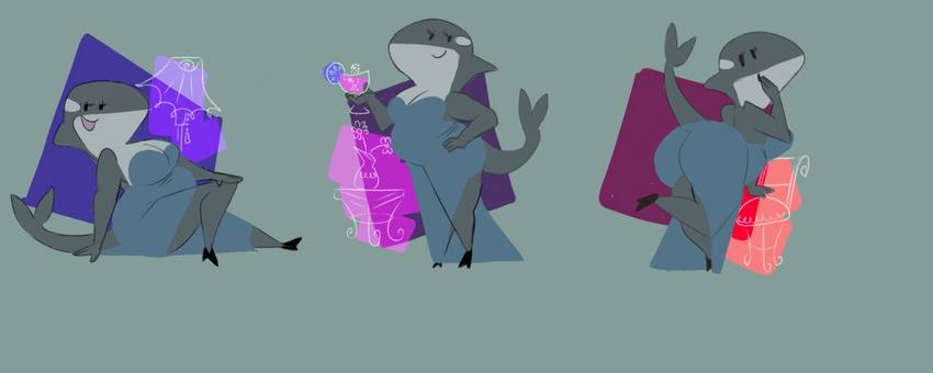 abstract_background anthro belly beverage big_breasts big_butt breasts butt cetacean cleavage clothed clothing cora_(shamelesss) dress eyelashes female footwear high_heels holding_glass holding_object mammal marine multiple_scenes orca overweight overweight_female pose raised_tail rear_view seductive shameless shoes sitting smile solo standing thick_thighs whale