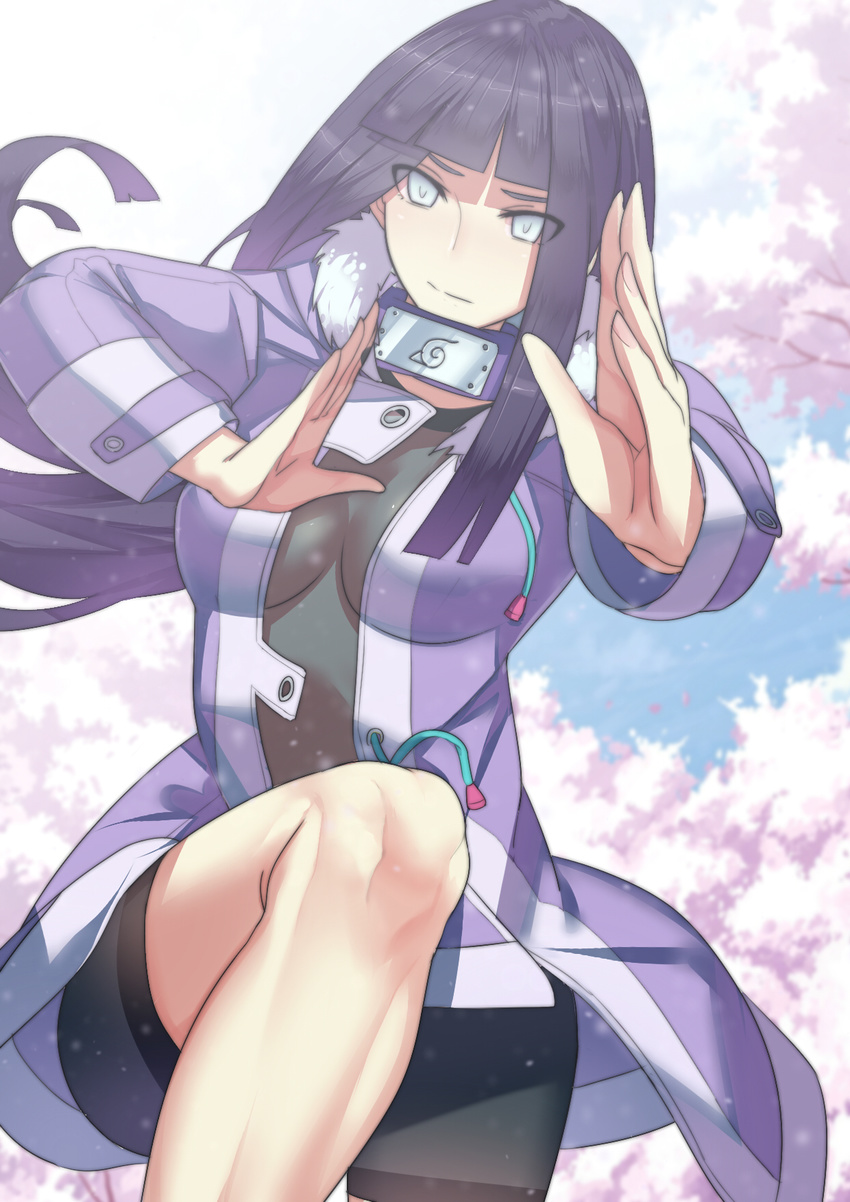 black_bodysuit black_hair bodysuit breasts cherry_blossoms closed_mouth commentary cowboy_shot fighting_stance foreshortening fur_trim headband_around_neck highres hime_cut hyuuga_hinata jacket leg_up long_hair long_sleeves looking_at_viewer medium_breasts naruto naruto_(series) open_clothes open_jacket purple_jacket silver_eyes solo very_long_hair worldless