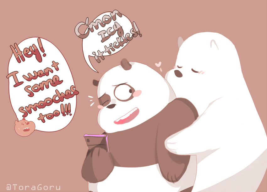 &lt;3 bear blush cartoon_network cold_sweat english_text grizzly_(wbb) grizzly_bear hug ice_bear kissing male male/male mammal monochrome overweight panda panda_(wbb) phone polar_bear sepia simple_background spooning text toragoru we_bare_bears