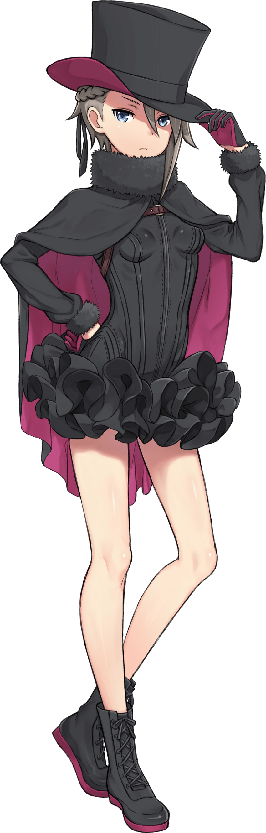 absurdres adjusting_clothes adjusting_hat ange_(princess_principal) blue_eyes braid cape full_body fur_trim gloves hat highres kuroboshi_kouhaku looking_at_viewer official_art princess_principal princess_principal_game_of_mission short_hair silver_hair solo top_hat transparent_background