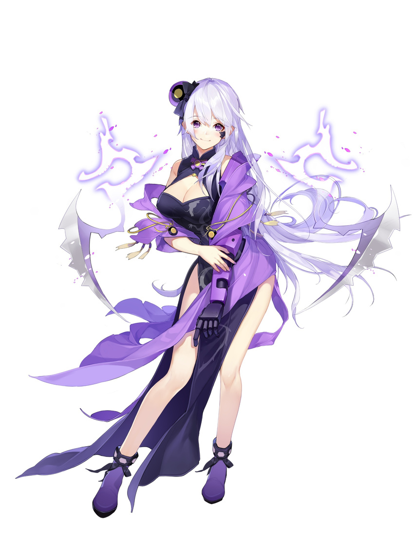 absurdres artist_request black_dress boots bow breasts china_dress chinese_clothes cleavage cleavage_cutout closed_mouth contrapposto dress floating_weapon hair_bow hair_ornament highres large_breasts lavender_hair long_hair looking_at_viewer mechanical_arm pelvic_curtain pointy_ears purple_eyes shaonyu_cofee_gun side_slit simple_background sleeveless sleeveless_dress smile solo standing tassel turtleneck very_long_hair white_background