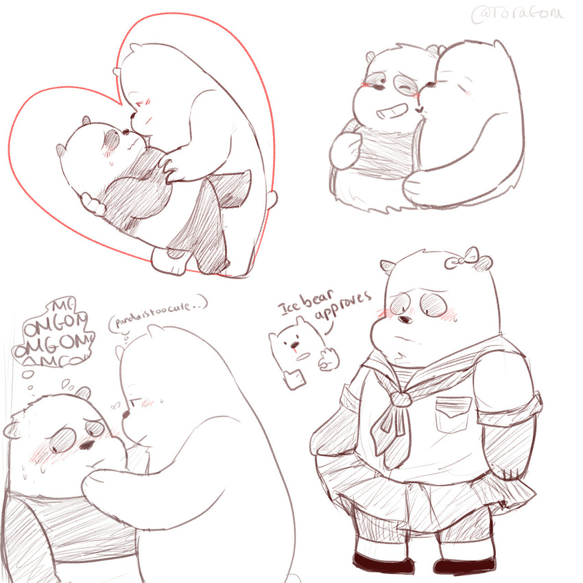 &lt;3 2017 bear blush cartoon_network clothed clothing cold_sweat crossdressing dip_(dance) duo english_text hand_on_face hug ice_bear kissing male male/male mammal overweight panda panda_(wbb) polar_bear sailor_outfit simple_background text thought_bubble toragoru we_bare_bears white_background