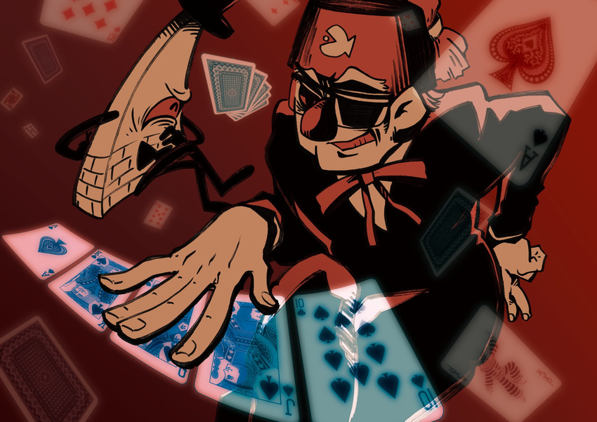 ace_of_spades bill_cipher bow bowtie card crossed_fingers diamond_(shape) eyebrows eyepatch fez_hat formal gambling glasses gravity_falls grin hat highres jack_of_spades joker king_of_spades laughing limited_palette male_focus melon_(melon_cream_soda) necktie old_man one-eyed playing_card poker queen_of_spades red_background red_eyes smile spade_(shape) stanley_pines suit top_hat triangle