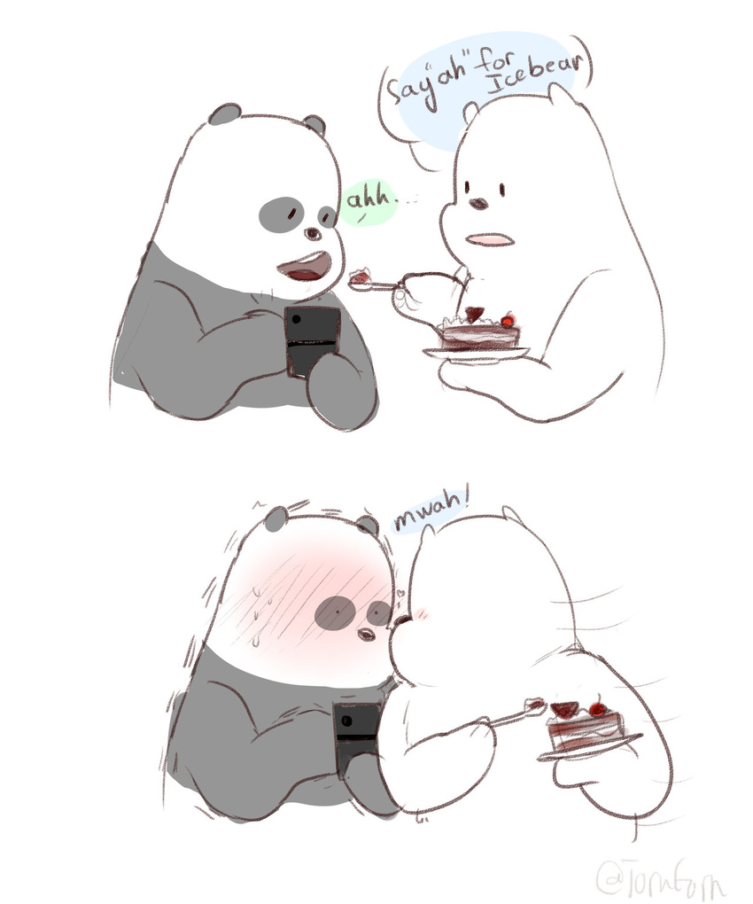 2017 bear blush cake cartoon_network cellphone cold_sweat dialogue digital_drawing_(artwork) digital_media_(artwork) duo english_text food ice_bear kissing mammal panda panda_(wbb) phone polar_bear simple_background text toragoru we_bare_bears white_background