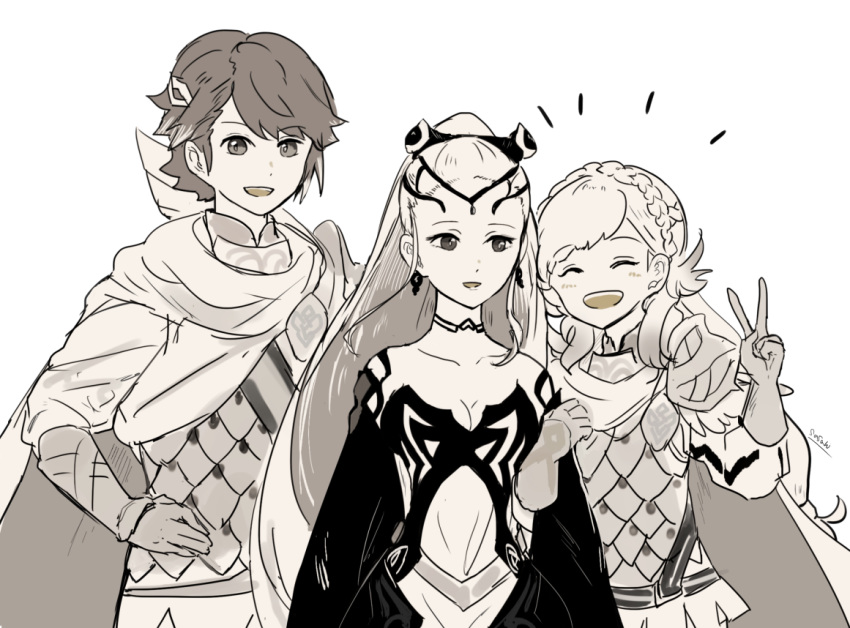 1boy 2girls alfonse_(fire_emblem) arm_hug armor artist_name braid breasts brother_and_sister cape choker cleavage crown_braid dress earrings eir_(fire_emblem) eyes_closed fire_emblem fire_emblem_heroes gloves hair_ornament jewelry long_hair monochrome multiple_girls nintendo open_mouth parted_lips sasaki_(dkenpisss) sharena short_hair siblings simple_background v white_background