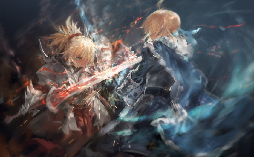 ahoge armor armored_dress artoria_pendragon_(all) azomo battle blonde_hair blue_eyes cape clarent commentary_request duel fate/apocrypha fate/stay_night fate_(series) gauntlets highres holding holding_sword holding_weapon invisible_air long_hair mordred_(fate) mordred_(fate)_(all) mother_and_daughter multiple_girls ponytail saber sword weapon