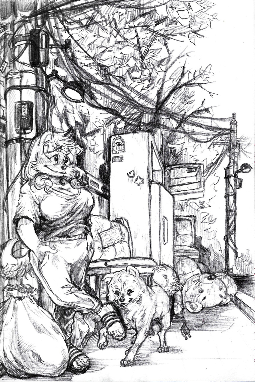2017 air ambiguous_gender anthro big_breasts biped breasts canine cheek_tuft cleavage clothed clothing curled_tail dog duo feet female feral fluffy fluffy_tail footwear fridge front_view full-length_portrait fur greyscale hair hands_in_pockets hi_res humanoid_feet hybrid jindo kemono kishu_inu korean line_art long_hair looking_up mammal monochrome nude on_one_leg outside pants paws pencil_(artwork) pet pigtails portrait pose power_lines quadruped raised_eyebrows ryonggay sandals shirt side_view smile standing street_lamp sweatpants traditional_media_(artwork) trash trash_bag tree tuft walking yong-sil_(ryonggay)