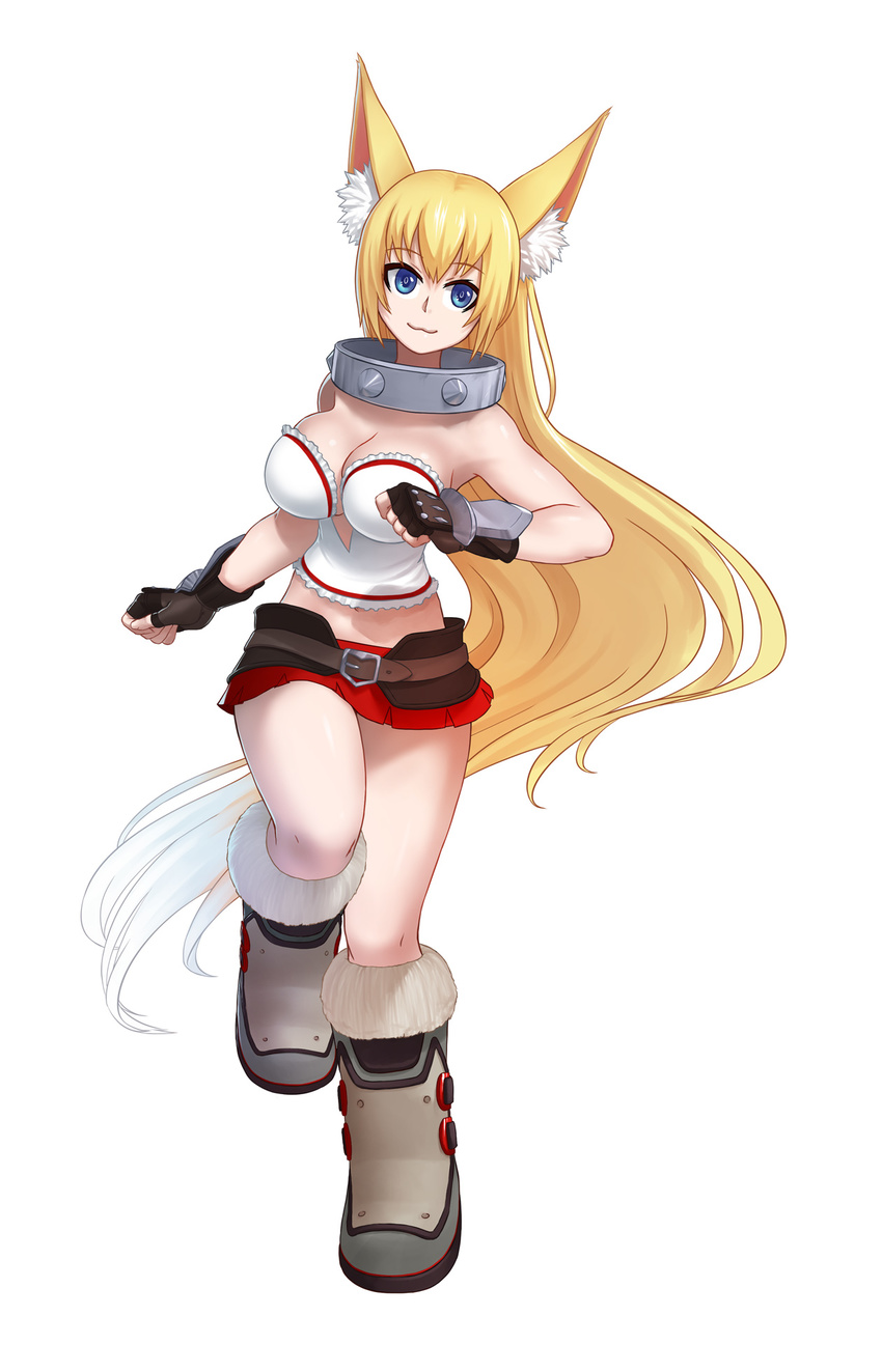 :3 alice_(flanaki) animal_ears belt blonde_hair blue_eyes boots borrowed_character breasts cleavage collar commentary commission fingerless_gloves fox_ears full_body fur_boots gloves highres jiffic large_breasts long_hair looking_at_viewer metal_collar midriff miniskirt original running simple_background skirt solo thighs ugg_boots very_long_hair white_background