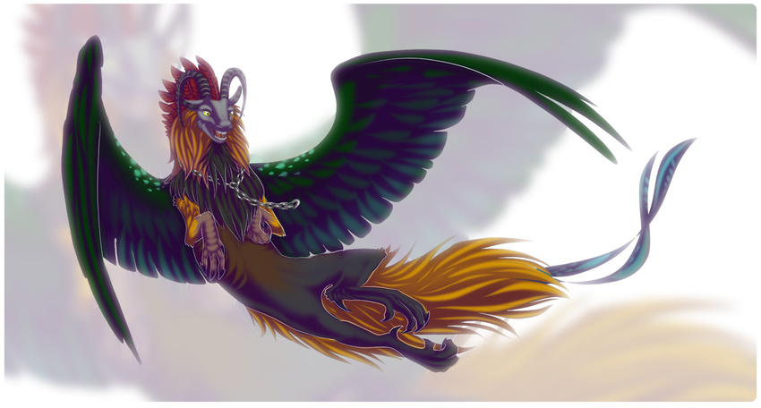 ambiguous_gender curved_horn feathered_wings feathers flying foxiful green_feathers horn smile wings