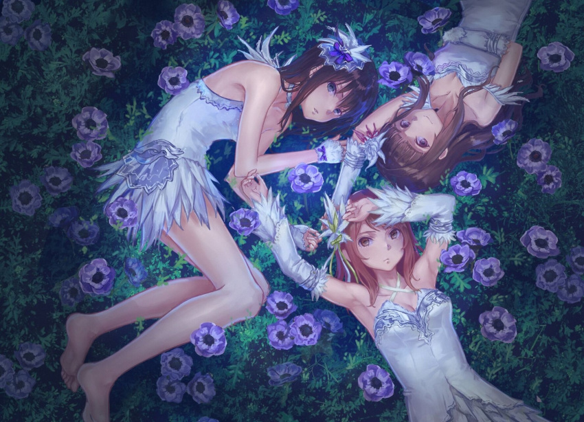 3girls armpits arms_up bangs bare_arms bare_legs bare_shoulders barefoot black_hair blue_eyes breasts brown_eyes brown_hair choker cleavage closed_mouth collarbone commentary_request criss-cross_halter detached_sleeves dress expressionless field flower flower_field flower_request grass hair_ornament hair_ribbon halterneck hand_on_own_chest hand_on_own_head highres houjou_karen idolmaster idolmaster_cinderella_girls kamiya_nao long_hair long_sleeves looking_at_viewer lying medium_breasts multiple_girls on_back on_side parted_lips plant purple_eyes purple_flower purple_ribbon ribbon roki_(0214278) shibuya_rin sidelocks sleeveless sleeveless_dress smile strapless strapless_dress thighs triad_primus upside-down white_choker white_dress wrist_cuffs