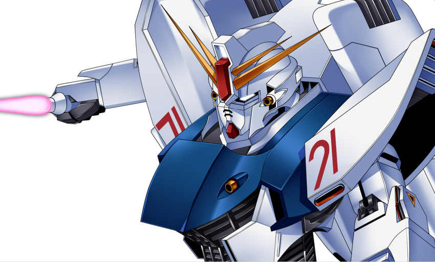 energy_sword f91_gundam glowing glowing_eyes gundam gundam_f91 holding holding_sword holding_weapon humanoid_robot kagiyama_(gen'ei_no_hasha) mecha no_humans simple_background sword weapon white_background